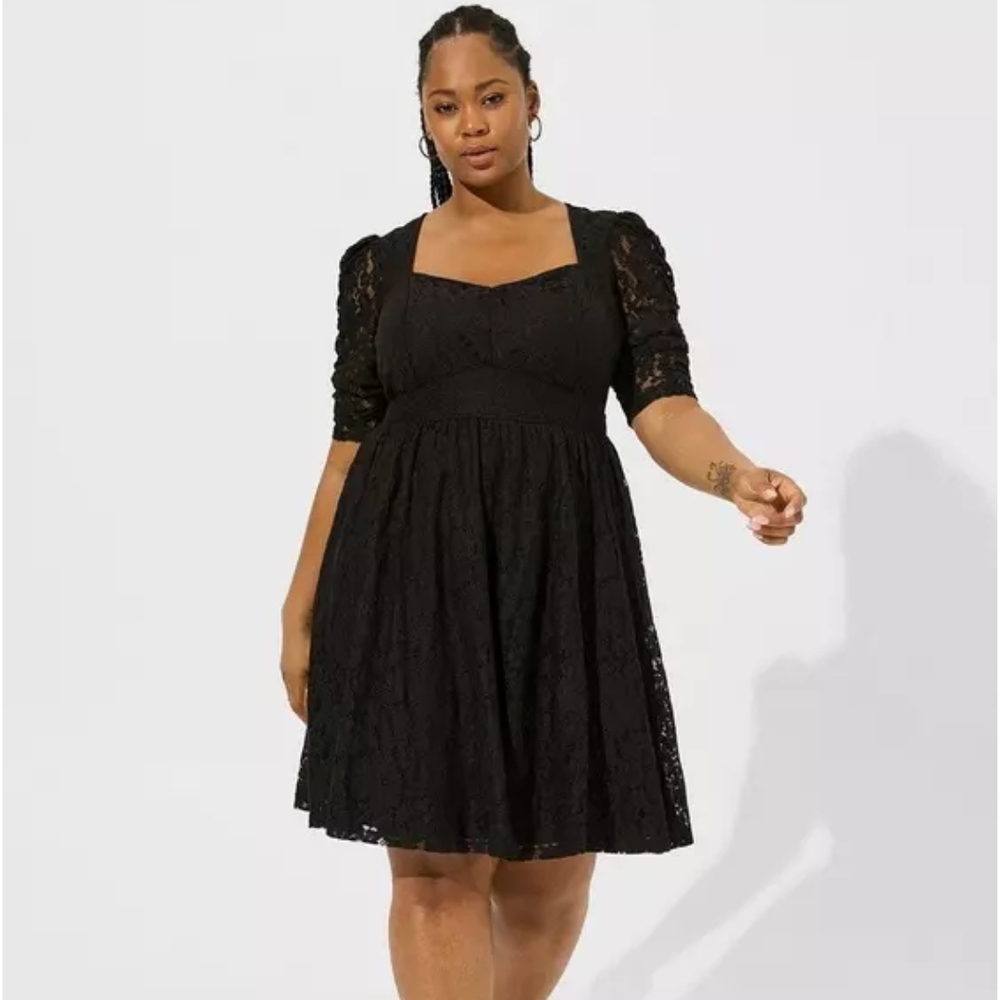 Torrid Black Pleated Mini Dress with Puff Sleeves